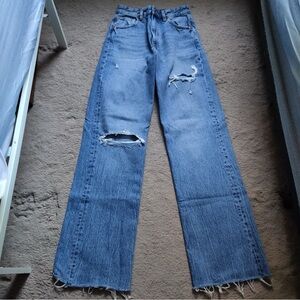 Zara Blue Distressed Raw Hem Flare Jeans Ripped
